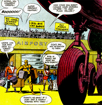 La Doom Patrol et la réaction d'une foule ingrate, bien plus proche des réactions à la Marvel que les passants "civiques" vus d'habitude chez DC.
