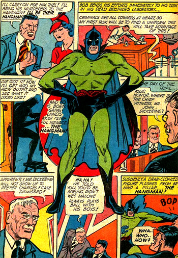 Le Hangman dans toute sa splendeur. Vous noterez que si l'on remplace les parties vertes de son costume par du gris ou du bleu, on obtient quelque chose de très similaire à Batman...