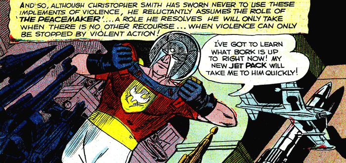 Christopher Smith devient le Peacemaker. Notez la ressemblance du casque avec celui, plus tardif, de Orion dans la série New Gods. Christopher Smith devient le Peacemaker. Notez la ressemblance du casque avec celui, plus tardif, de Orion dans la série New Gods.