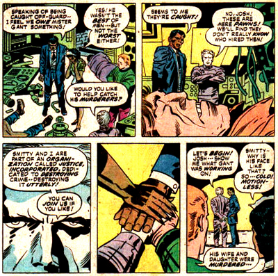 Les agents de Justice Inc. matérialisent leur pacte dans une scénographie déjà vue ailleurs dans l'oeuvre de Jack Kirby