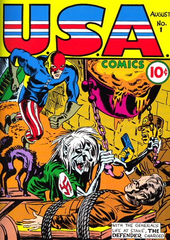 U.S.A. Comics #1. Sur la couverture les responsables de Timely/Marvel tableaient plutôt sur le succès du Defender, une copie de Captain America...