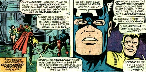 Le Whizzer fait mine de découvrir que le Captain America avec qui il a fait équipe en 1946 n'était pas l'original. Or, des épisodes ultérieurs établiront qu'il le savait très bien. Une seule façon de faire fonctionner la scène: Bob Frank ment ! Mais pourquoi ?